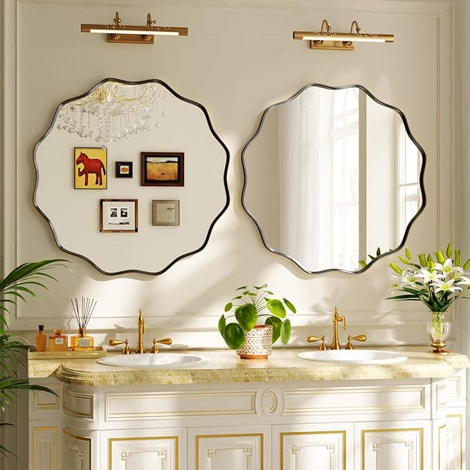 24 Inch Scalloped Round Wall Mirror, Black Wavy Edge Frame Circle Mirror for Bathroom, Bedroom, Entryway, Living Room for Wall Decor