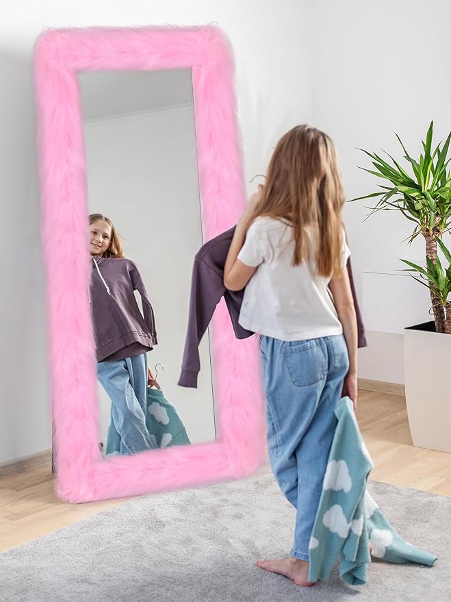 Geelin Full Length Mirror Cover 59 x 16 Inch Universal Ultra Soft Non Slip Design Fluffy Length Standing Mirrors Cover Decoration for Bedroom Cloakroom Women Gifts(Pink)