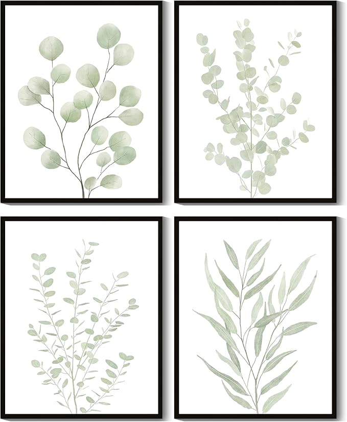 Drsoum Botanical Plant Framed Wall Art Boho Wall Decor for Bathroom Sage Green Eucalyptus Leaf Prints Minimalist Aesthetic Ready to Hang Set of 4, 8x10 in (Black Framed)
