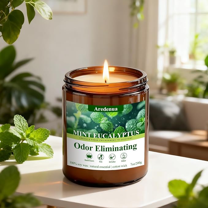 Mint Eucalyptus Odor Eliminating Candles | Eliminates 95% of Pet, Smoke & Bathroom Odors β 7 oz Hand Poured Non-Toxic Soy Candle - Air Freshing Scented Candles - Stress Relief Gifts for Women Men