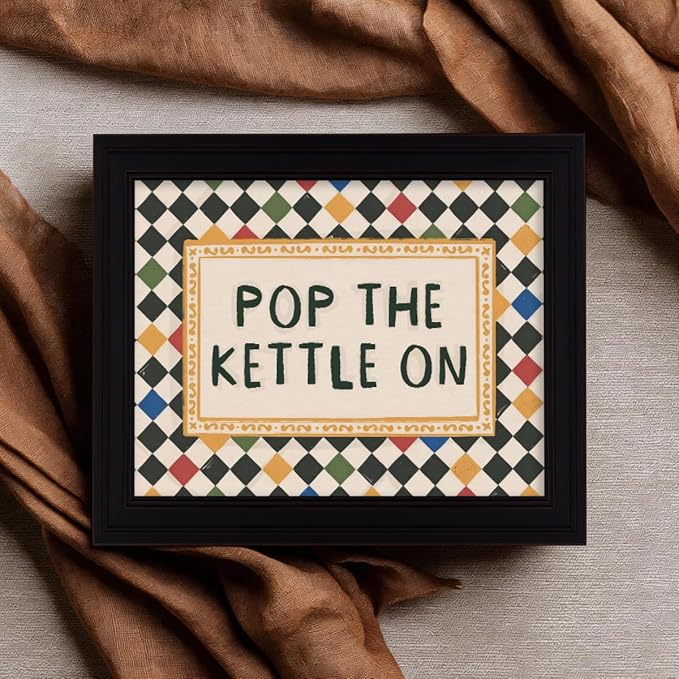 Modern Colorful Eclectic Wall Art Pop The Kettle On Minimalist Quote Poster Vintage Aesthetic Canvas Prints for Living Room Kitchen Gallery Wall Decor 16X20 inch Vintage Framed