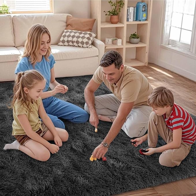 FinRèc 8x10 Feet Rugs for Living Room Bedroom, Soft Dark Grey Fluffy Area Rug, Non-Slip Solid Shag Rug for Nursery Kids Room Dorm Room Home Decor, Indoor Floor Carpet