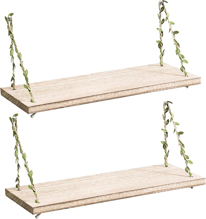 MITIME Leaf Rope Hanging Floating Shelves, Wall Swing Storage Shelf for Home Decor.17, 2-Pack (Light Color)