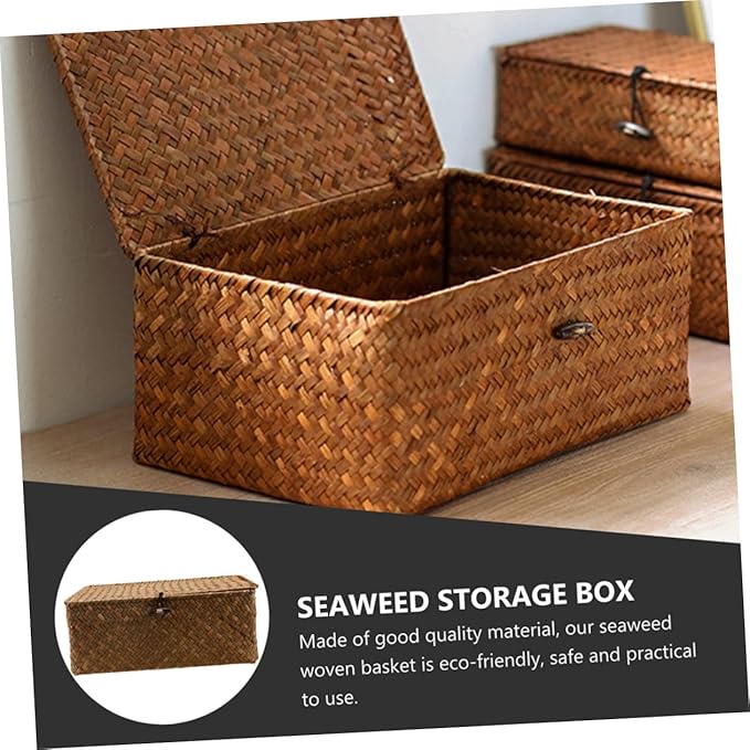 Luxshiny Handmade Seaweed Storage Box Woven Basket Makeup Organizers Storage Natural Decor