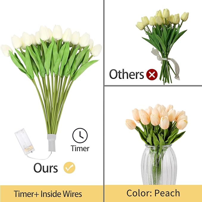 HOMESEASONS 20pcs Tulip Lamp Artificial Floral Night Light Real Touch Tulip Night Lamp LED Flower Bouquet Home Kitchen Decor(Orange)
