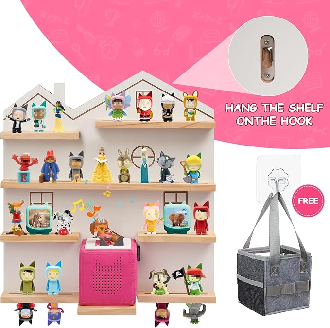Gieanoo Large Tonie Shelf for Toniebox,for Toniesbox 1 and Toniesbox 2 Tonie Shelf Wall Mounted Magnetic Pine Wooden Floating Shelves Compatible with Tonie Box Player Tonie Figures Storage(White)