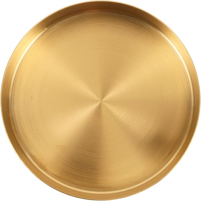 Gold Round Tray Coffee Table Tray Decorative Metal Candle Plate Stainless Steel Circle Serving Platter Spa Makeup Organizer Dish Farmhouse Centerpiece Home Bathroom Decor (Golden, 12.50CM)