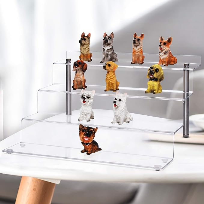 CECOLIC Acrylic Riser Shelf 4 Tier Clear Display Stand for Collectibles Pop Figures, Cupcakes, Perfumes, Display Risers for Decorating & Organizing - 11.8 x 10.8 x 6.5 in (Large, 4 Pack)