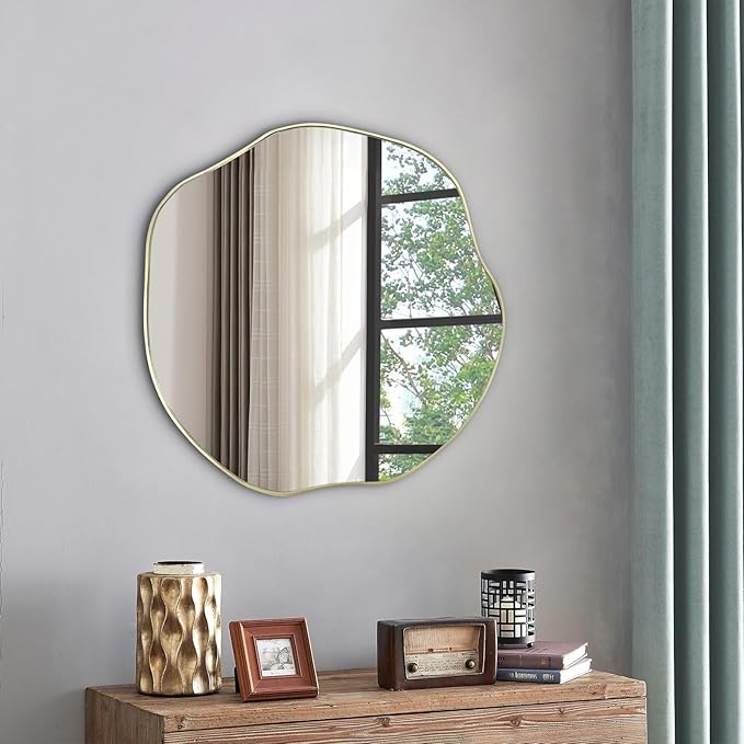 POZINO Asymmetrical Mirror, 25" Irregular Wall Mirrors, Gold Scalloped Rounded Mirror, Modern Frameless Abstract Mirrors for Bathroom Living Room Bedroom Entryway Fireplace