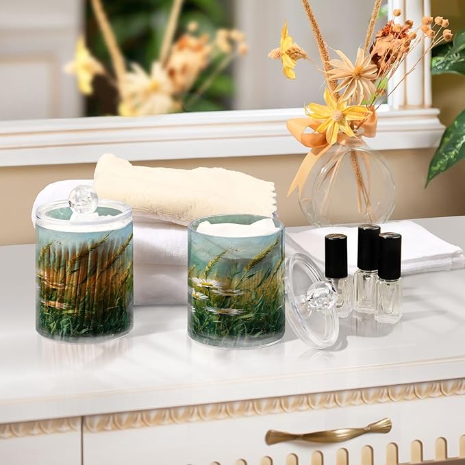 Wheat Flowers Field Pattern Bathroom Containers Holder with Lids Set Clear Jars 2 Pack Plastic Makeup Storage Organizer 4.13 x 2.75In for Balls Floss Picks Vanity