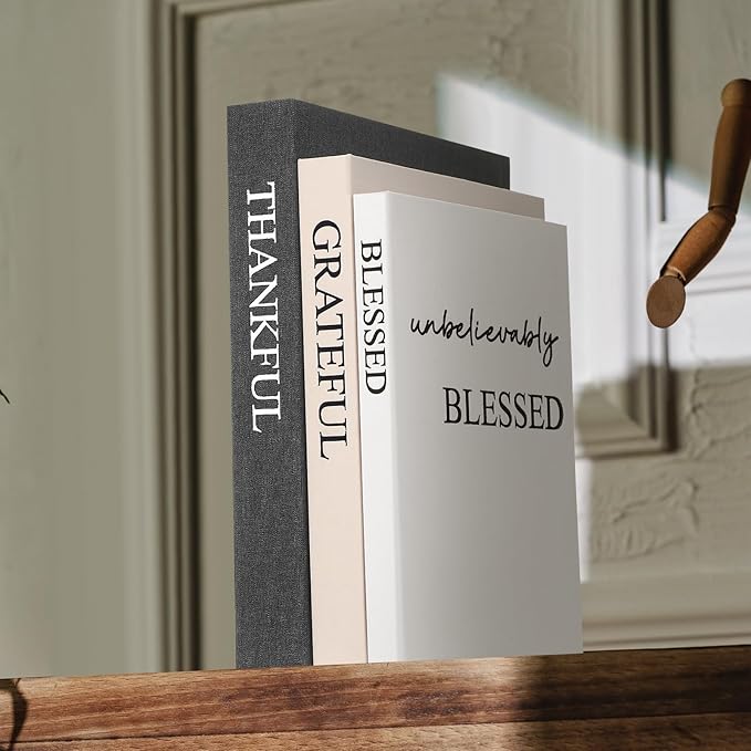 Weysat Set of 3 Thankful Grateful Blessed Decorative Books for Home Decor Linen Faux Books Stacked Neutral Modern Aesthetic Fake Storage Boxes for Coffee Table, Bookshelf or Mantle Display