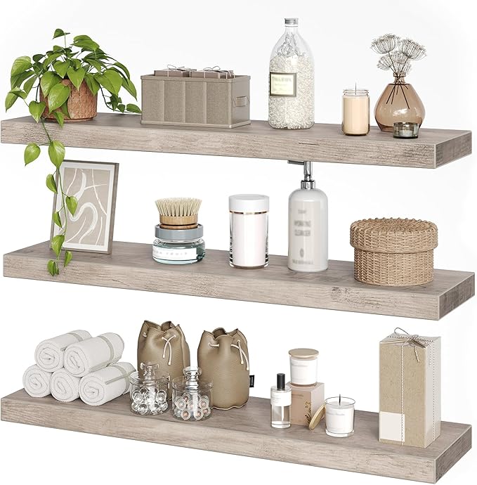 RALGEND Floating Shelves for Wall, 1.5" Thick Wall Shelf Set of 3 with Invisible Brackets, L31.5 x W7.9 Hanging Book Shelves Farmhouse Home Decor for Bathroom, Living Room, Bedroom, Greige 8301BJP3BG