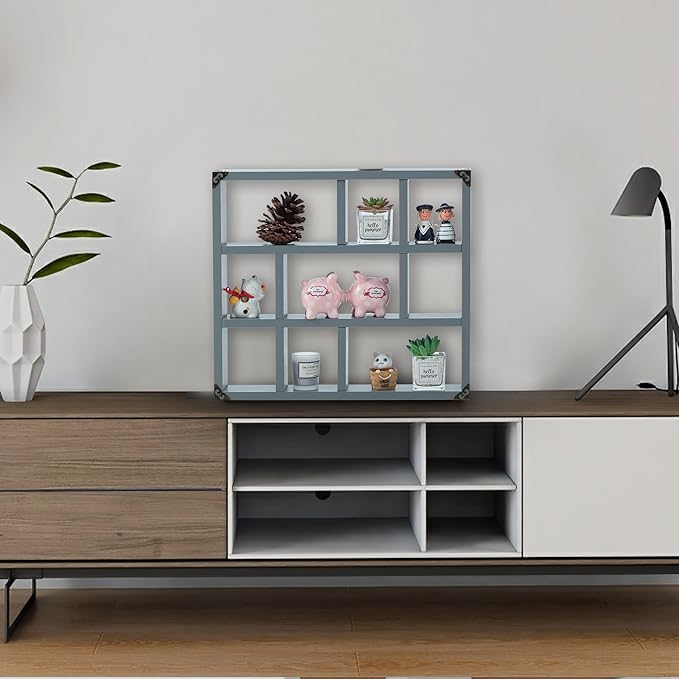 17.7x15.7-Inch Shadow Box Shelf 9-Slot Rustic Floating Shelves Larger Wall Mounted Shelf Lightweight Solid Wood Display Shelf Freestanding Farmhouse Shelf (9C-Dark Gray)