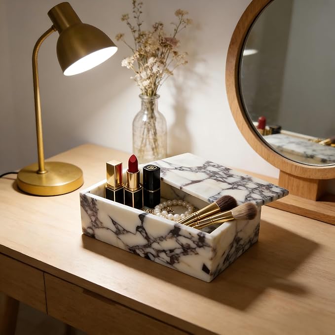 Luxury Marble Storage Box with Lid, White and Purple Veined Pattern, Decorative Organizer for Makeup Brushes, Jewelry, Bathroom Accessories (Rectangle)