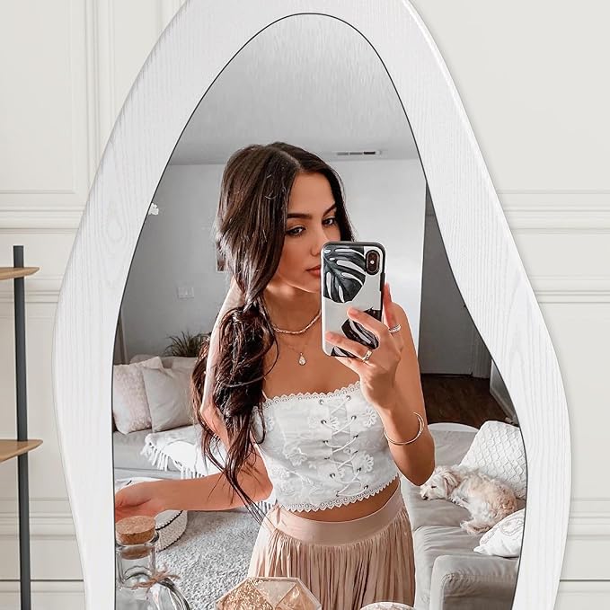 Wavy Mirror Wooden 59" x 24" Floor Mirror Full Length White Irregular Full Body Mirrors for Bedroom Cloakroom Living Room Entryway Hall