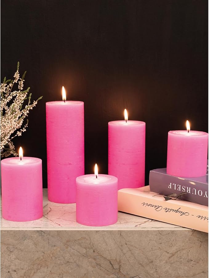 CANDWAX 3x4 inch Pillar Candles Set of 3 – Unscented Dripless Rustic Hot Pink Candles for Wedding Tables, Parties, Gender Reveal Party