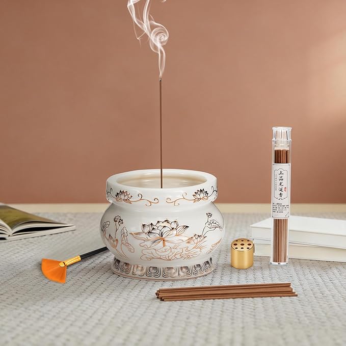 Ceramic Lotus Incense Burner with Brass Stand & Incense Sticks, Ash Catcher Bowl for Meditation Yoga Relaxation, Decorative Incense Holder for Home(White