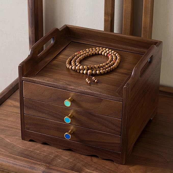 Jewelry storage box Makeup Organizers Wooden Jewelry Box for Women, Organizer Box of Solild Wood with 3 Drawers for Jewelries, Watches, Necklace, Ring, Storage Box, Black Walnut Jewelry Case