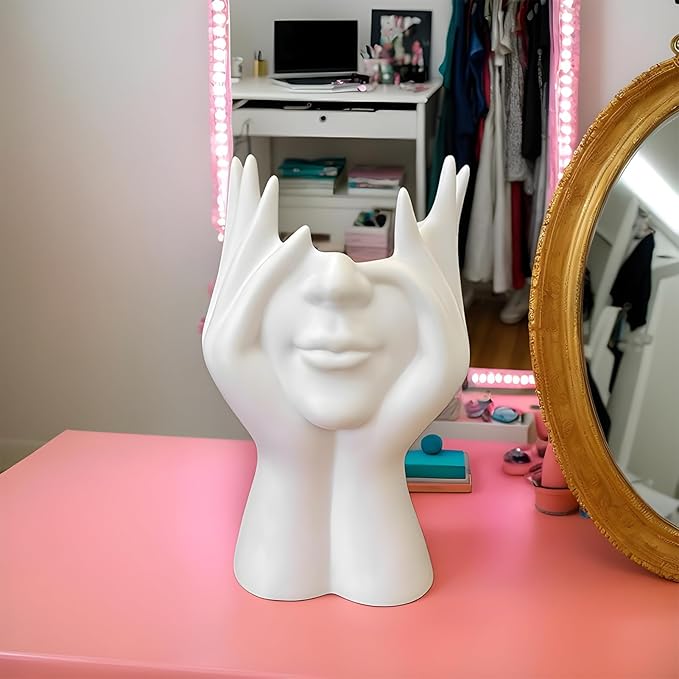 Women's Head Shape Boho Feminist Decoration Body Vase Head Vase Vintage Makeup Brush Holder Boho Makeup Organizer Rotating Makeup Organizer Idealized for Home Decor (white)