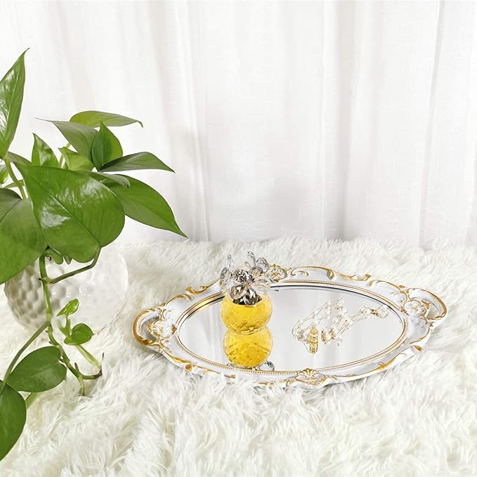 Oval Decorative Mirror Tray, French Style, Makeup Organizer, Jewelry Organizer, Serving Tray, 9.8"x 14.6", Golden White