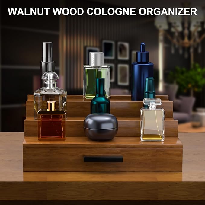 Walnut Wood Cologne Organizer for Men 3 Tier Cologne Stand,Wooden Cologne Holder Display Shelf with Hidden Compartment and Drawer,Perfume Organizer Great Gift for Men