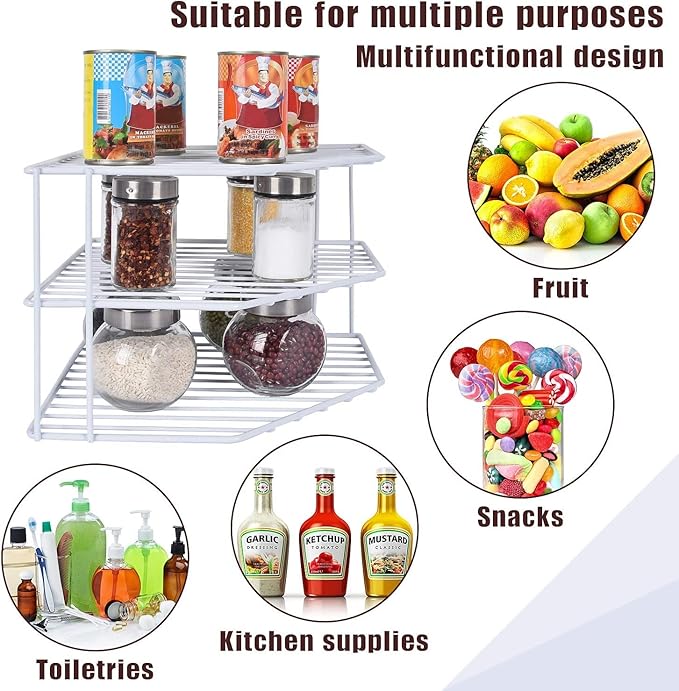 3-Tier Corner Shelf Counter and Cabinet Organizer -Countertop Organizer - Cabinet Corner Rack for Plate - Cabinet & Pantry Kitchen Organization (White)