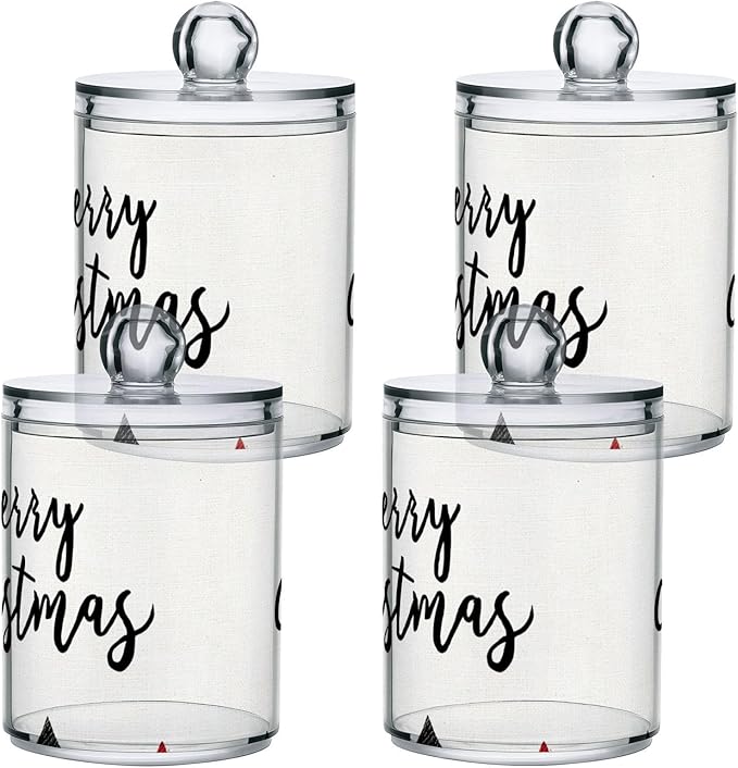2 Pack Apothecary Jars Merry Christmas Black Checkered Bathroom Vanity Storage Organizer Set,Small Clear Plastic Storage Jars Bathroom Canister for Cotton Swabs, Rounds, Balls, Qtips,Makeup Spo