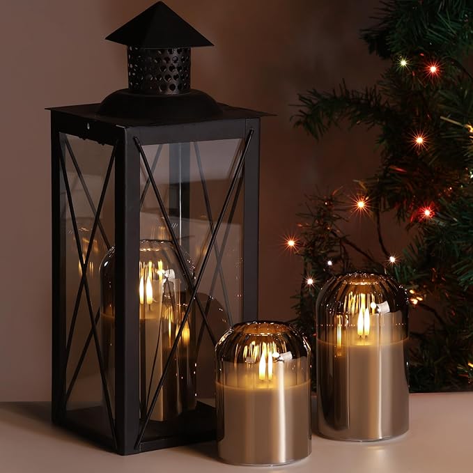 Grey Glass Flameless Pillar Candles with Remote, Flickering Battery LED Candles Table Decor Gift Set of 3