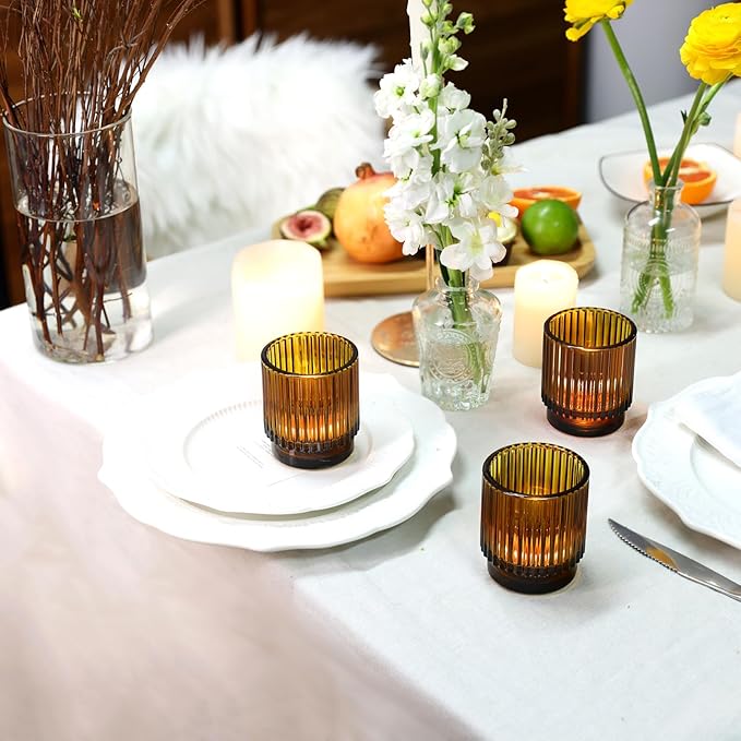 16 Pcs Large Amber Votive Candle Holders, Tealight Ribbed Candle Holders Glass for Thanksgiving Decorations, Amber Glass Candle Holder, Vintage Boho Christmas Table Decorations,