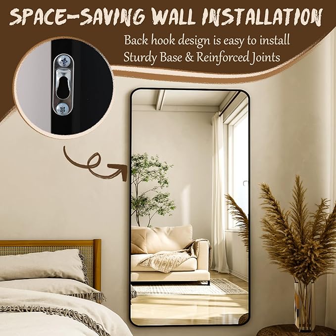 XRAMFY 76"x34" Floor Full Length Mirror Standing Full Body Rounded Corner Rectangle Mirrors with Stand Hanging Wall Mounted Leaning Bedroom Living Room Bedroom Cloakroom,Black