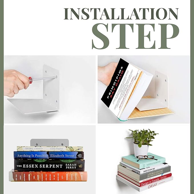 Set of 4 Invisible Floating Bookshelf, Heavy Duty Wall Mounted Book Organizer, Metal Shelves Holder for Books, Large Size (White)