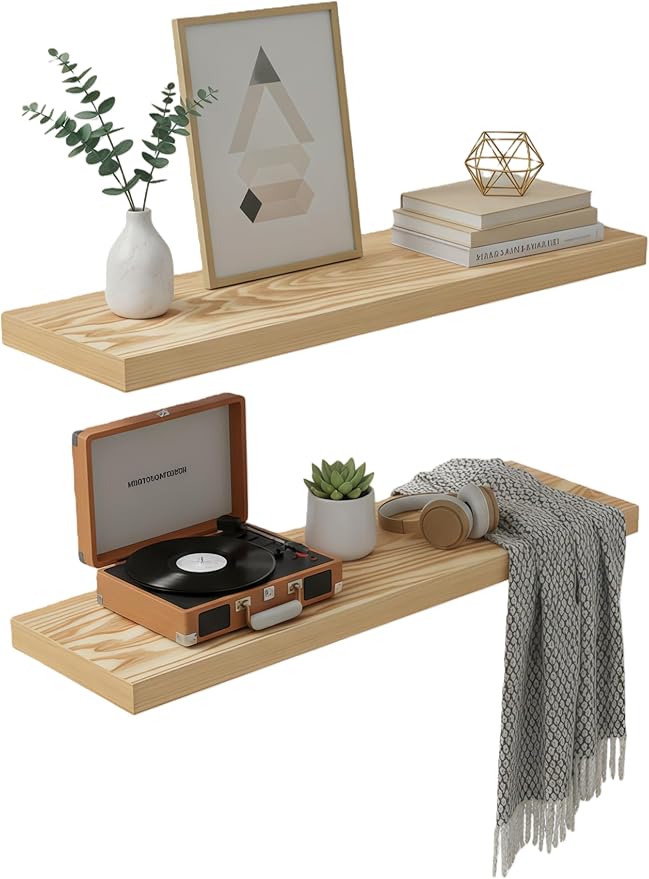 Lufia Floating Wall Shelves, Set of 2, MDF with Invisible Brackets, Modern Storage for Bedroom, Bathroom, Living Room, Kitchen (Oak, 24" W x 7" D x 1.5" H)