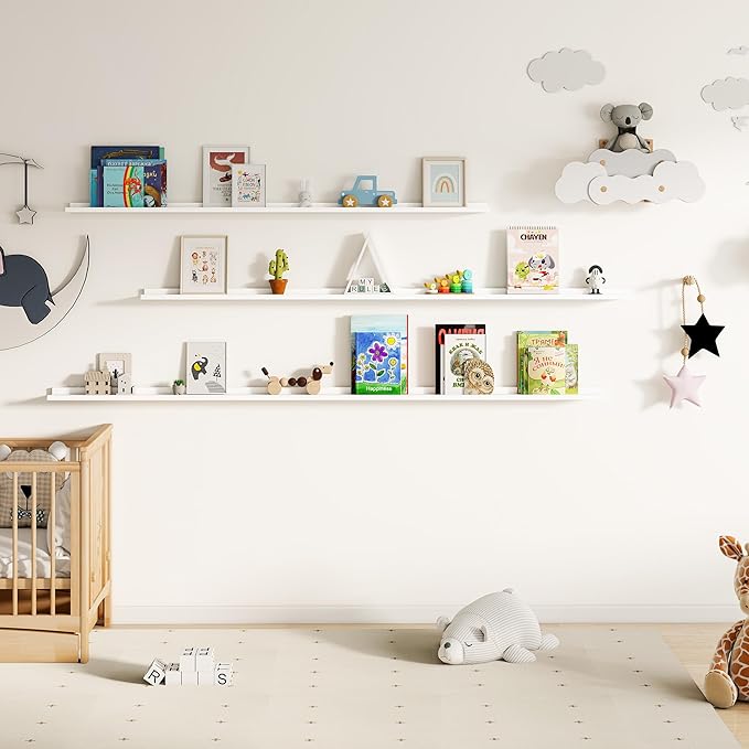 Fun Memories Picture Ledge Shelf, 60 Inch Floating Shelves Set of 2, Large Nursery Book Shelves for Toys Storage, Kids Bookshelf Wall Mounted for Wall Decor Books Photo Frames, White