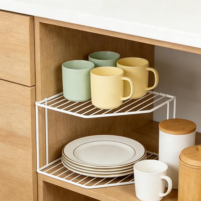 2Pcs 2-Tier Corner Stackable Organizer Shelf - Cabinet Storage Shelf Rack, Shelves,Kitchen Counter and Cabinet Shelf, Storage Rack Organizer for Kitchen(White)