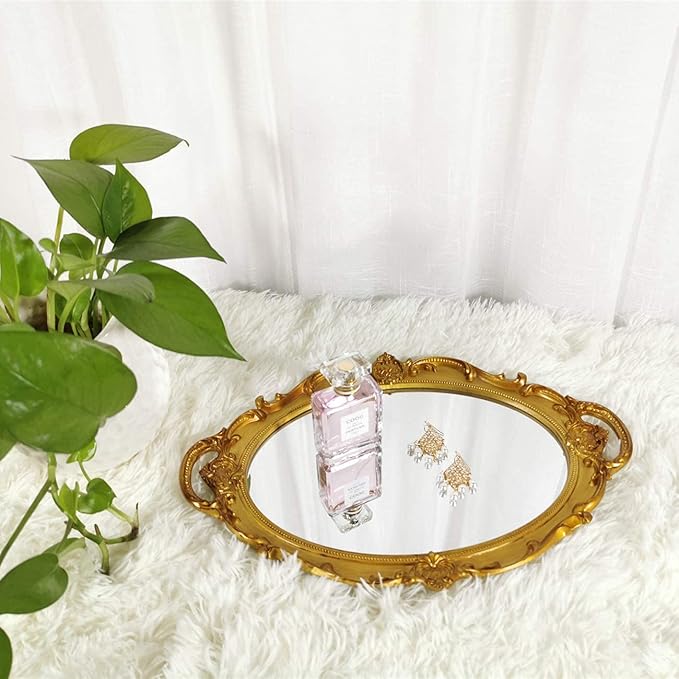 Oval Decorative Mirror Tray, French Style, Makeup Organizer, Jewelry Organizer, Serving Tray, 9.8"x 14.6", Gold