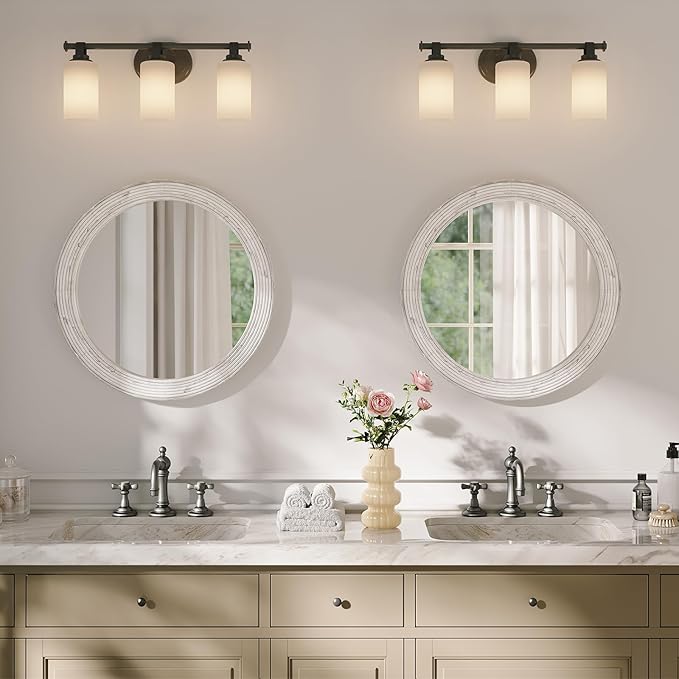 ULIKE Round Rustic Mirror for Bathroom, Farmhouse Mirror with Wood Frame, 24x24 Inch White Vanity Mirrors for Wall Decor of Bedroom or Living Room