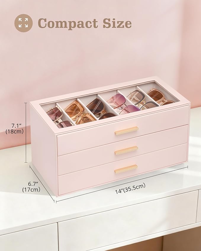 Lolalet Sunglasses Storage Box for Women, Eyewear Eye Glass Organizer with Clear Top Display Holder Case, Mothers Day Gifts