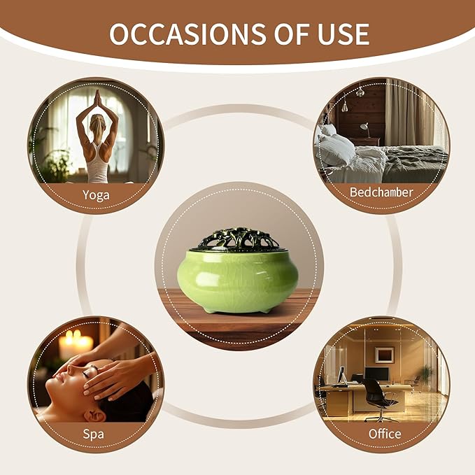Ceramic Incense Burner, Bowl Burner,Cone Incense Burner with Brass lid for use with Stick or Cone-Shaped Incense,Lotus Incense Stick Holder Calabash Incense Stick Holder, 3pc (Light Green)