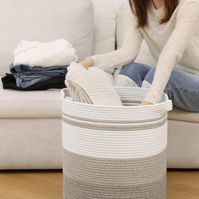 laundry hamper 16x16x18, 60L – large basket for blankets,toy basket, Cotton Rope Blanket Basket Living Room, Baby Laundry hamper for Blanket, Nursery, –stuffed animal storage(Triple brown)