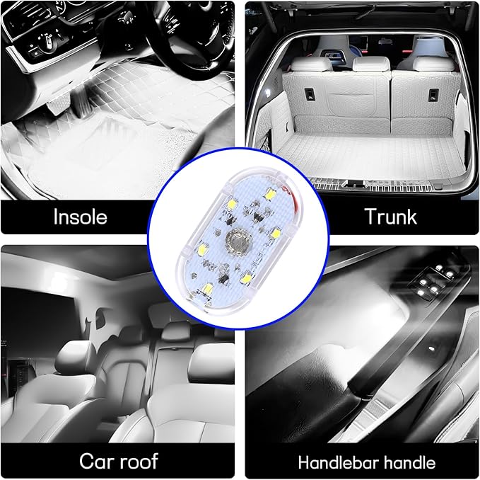 4 PCS Car LED Lights Interior Wireless, Super Bright Auto Interior Ambient Light with 6 Bright LED Lamp Beads, Portable USB Rechargeable Car Led Night Light for Vehicle Decor(White)