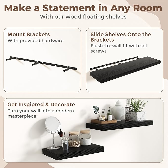 Fun Memories 36 Inch Black Floating Shelves for Wall, 12 Inch Deep Shelves for Bathroom|Kitchen|Bedroom, Wall Mounted Rustic Wood Floating Shelf with Invisible Brackets for Books|Storage|Decor, 2 Pack