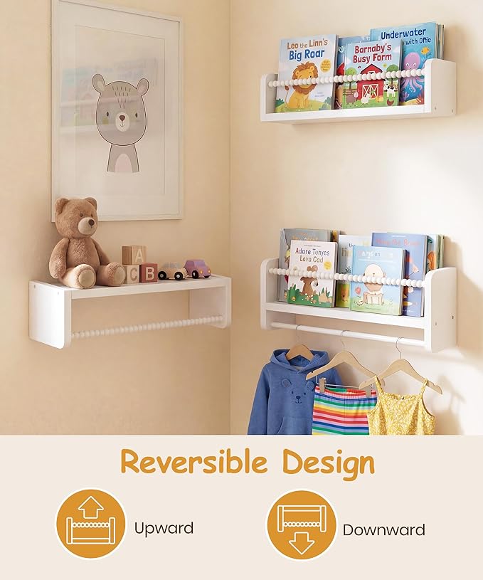 Nursery Book Shelves for Wall Set of 3, White Natural Wood Bookshelf Wall Decor, Small Floating Shelf Organizer for Kids Room, Bedroom, Kitchen Spice Rack