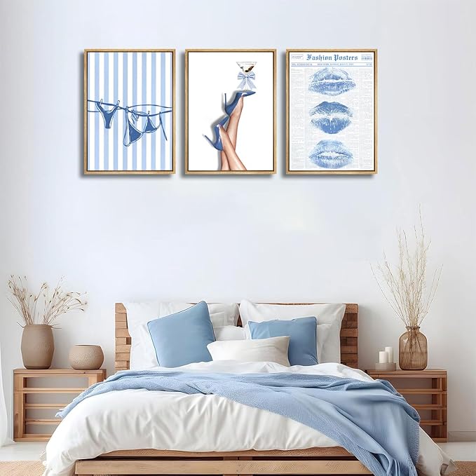 3Pcs Trendy Coquette Wall Art Blue Lips Bikini & Bow Heels Wall Decor Pictures Vintage Martini Newspapaer Canvas Posters Prints for Y2K Girly Room Dorm Apartment Preppy Aesthetic Decor 12x16in