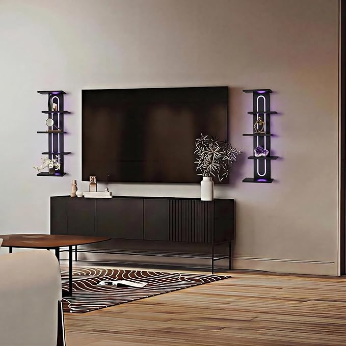 Homaterial RGB Wall Shelves for Gaming Room & Display, 5-Tier Unique Staggered Floating Shelves with Lights & Remote, Vertical MDF Shelf for Collectibles, Room Decor, Black