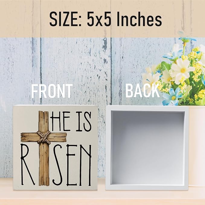 Easter Decor, He is Risen Religious Easter Wooden Box Sign, Cross Tiered Tray Decorations, Farmhouse Bunny Table Centerpiece Sign for Party Home Kitchen Dining Table Decor 5x5