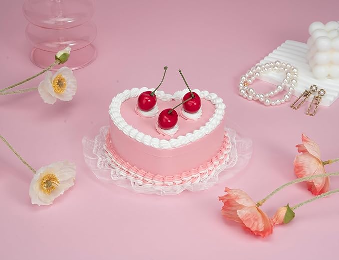 Stylor Coquette Room Decor Aesthetic, Heart Shaped Jewelry Box for Girls, Fake Cherry Pink Cake, Cute Kawaii Decorative Storage Accessories.