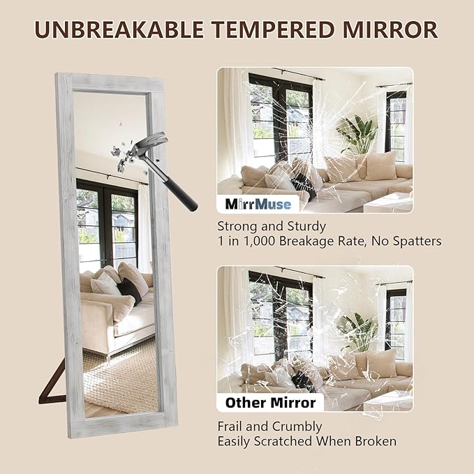 Rustic Farmhouse Full Length Mirror 64"X21" Wood Frame Floor Mirror with Stand, Free Standing Mirror Leaning or Hanging for Bedroom Living Room, Tempered Glass, White