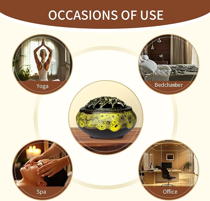 Ceramic Incense Burner, Bowl Burner,Cone Incense Burner with Brass lid for use with Stick or Cone-Shaped Incense,Lotus Incense Stick Holder Calabash Incense Stick Holder, 3pc (Fambe Yellow)