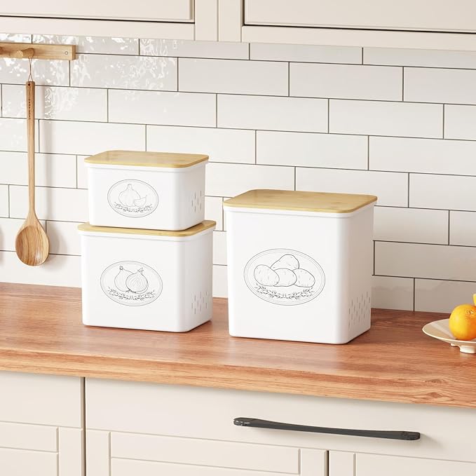 Lifewit Potato and Onion Storage Bin, Stackable Garlic Keeper with Aerating Holes and Lid, Plastic Vegetable Container Box for Pantry Countertop, White, 24 x 18 x 24 cm/9.5 x 7 x 9.5 inch, Set of 3