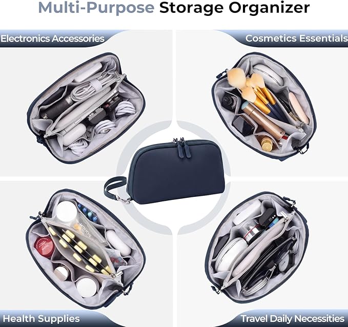 FYY Travel Cable Organizer - 8 Compartments Lightweight Water Resistant Tech Pouch with Wrist Strap, Electronic Accessories Case for Cord Charger Storage for Travel Home Office, Navy (Medium)